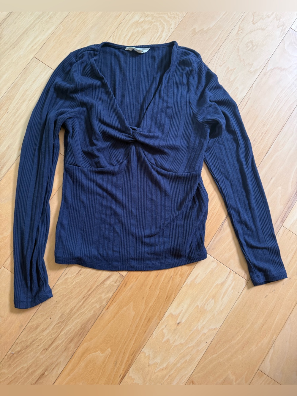 Boden Navy Ribbed Twist-Front Long Sleeve Top